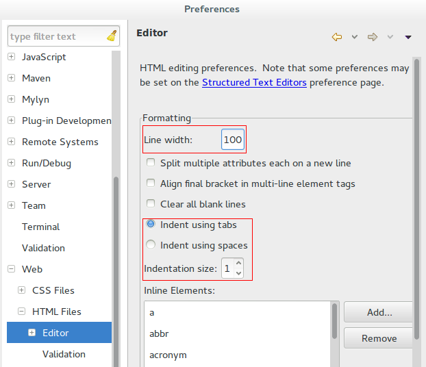 *Window > Preferences > Web > Html Files > Editor