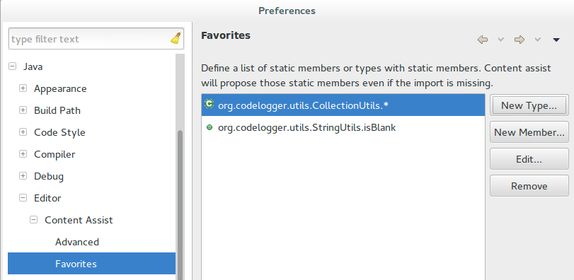 *Window > Preferences > Java > Editor > Content Assist > Favorites