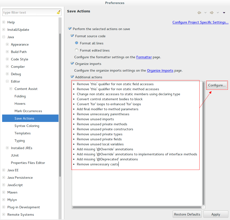 *Window > Preferences > Java > Editor > Save Actions