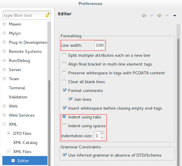 *Window > Preferences > XML > XML Files > Editor